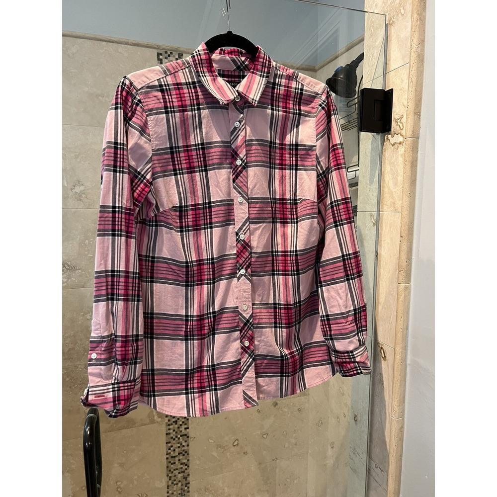 Talbots Pink Plaid Cotton Flannel Button Down Shirt Womens Small Long Sleeve